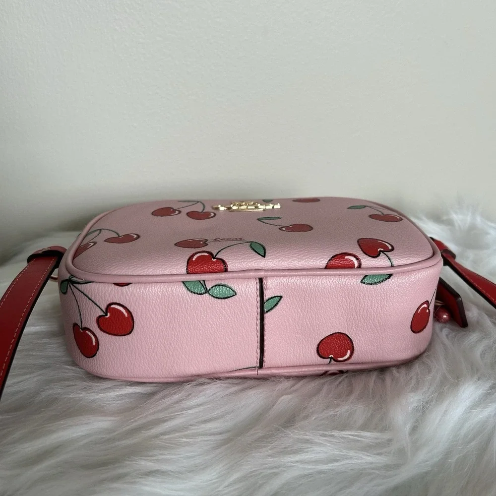 Coach Jamie Camera‎ Bag Pink Cherry Print Pebbled Leather Crossbody Excellent